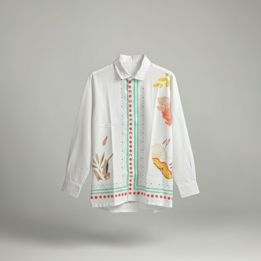 White shirt with colorful floral patterns on a gray background