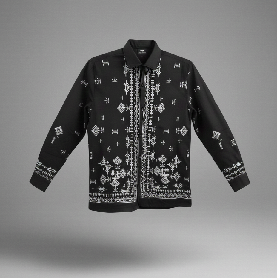 Black shirt with white geometric patterns on a gray background