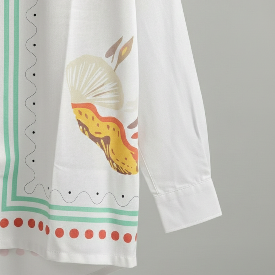 White Shirt with colorful shell design on a gray background