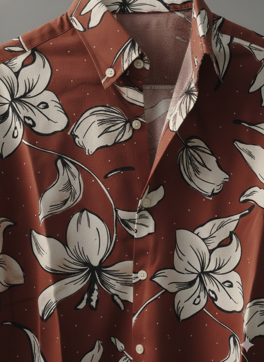 Brown shirt with white floral pattern on a plain background