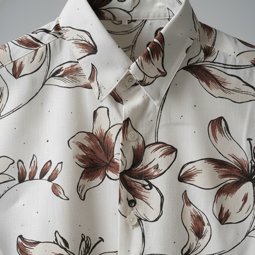 Close-up of a shirt with brown floral pattern on a white background