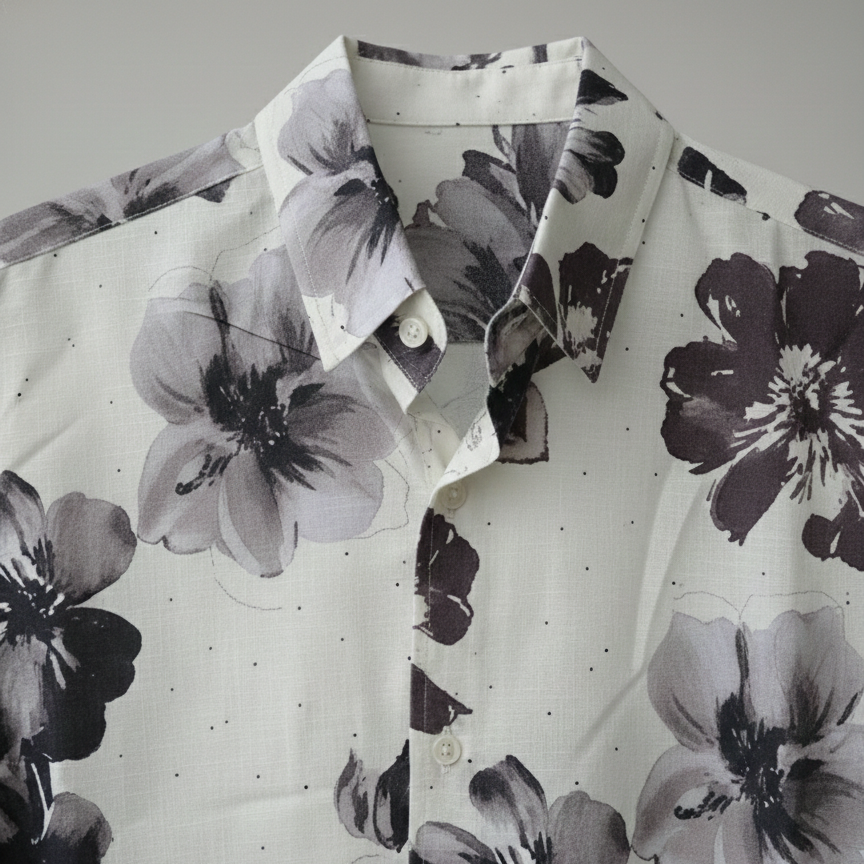 Floral patterned shirt with black and gray flowers on a white background