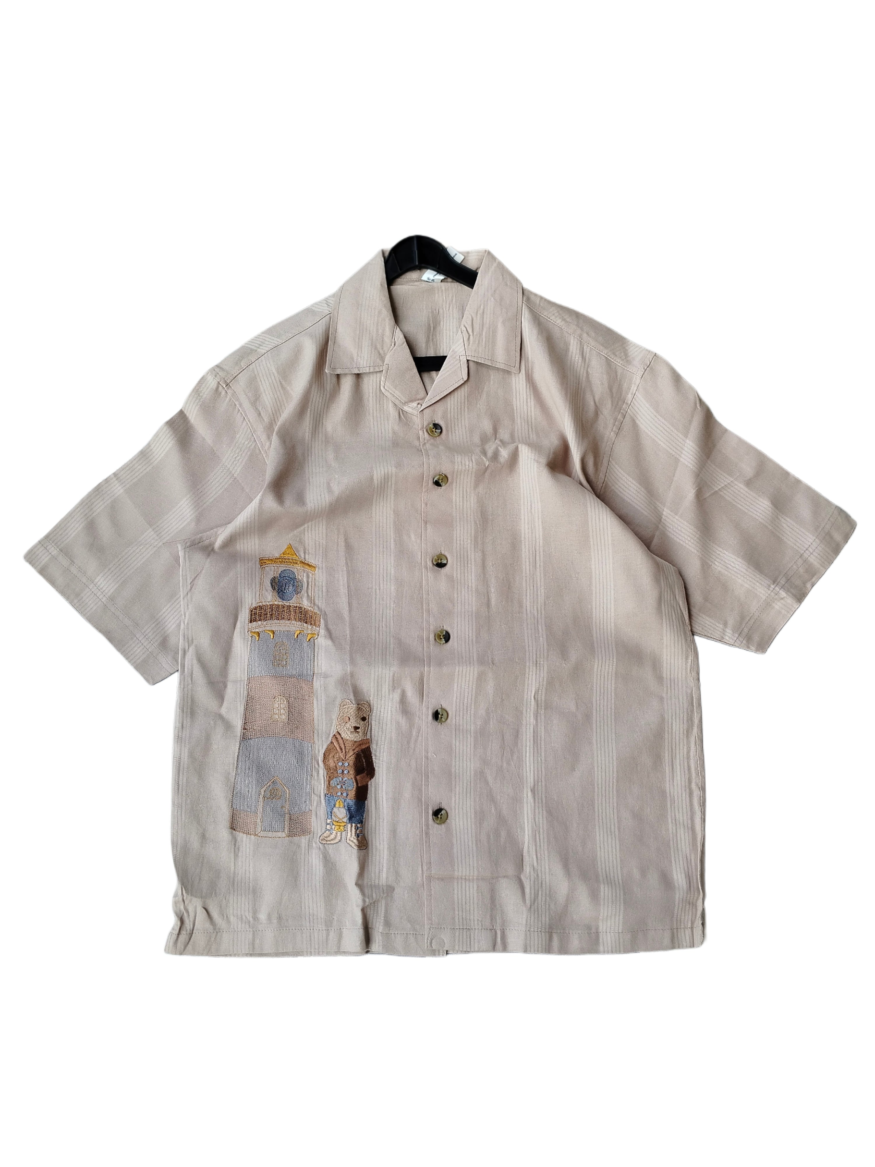 Men's Half Sleeve Embroidered shirt - Casual Fashion with Lighthouse & Bear Design