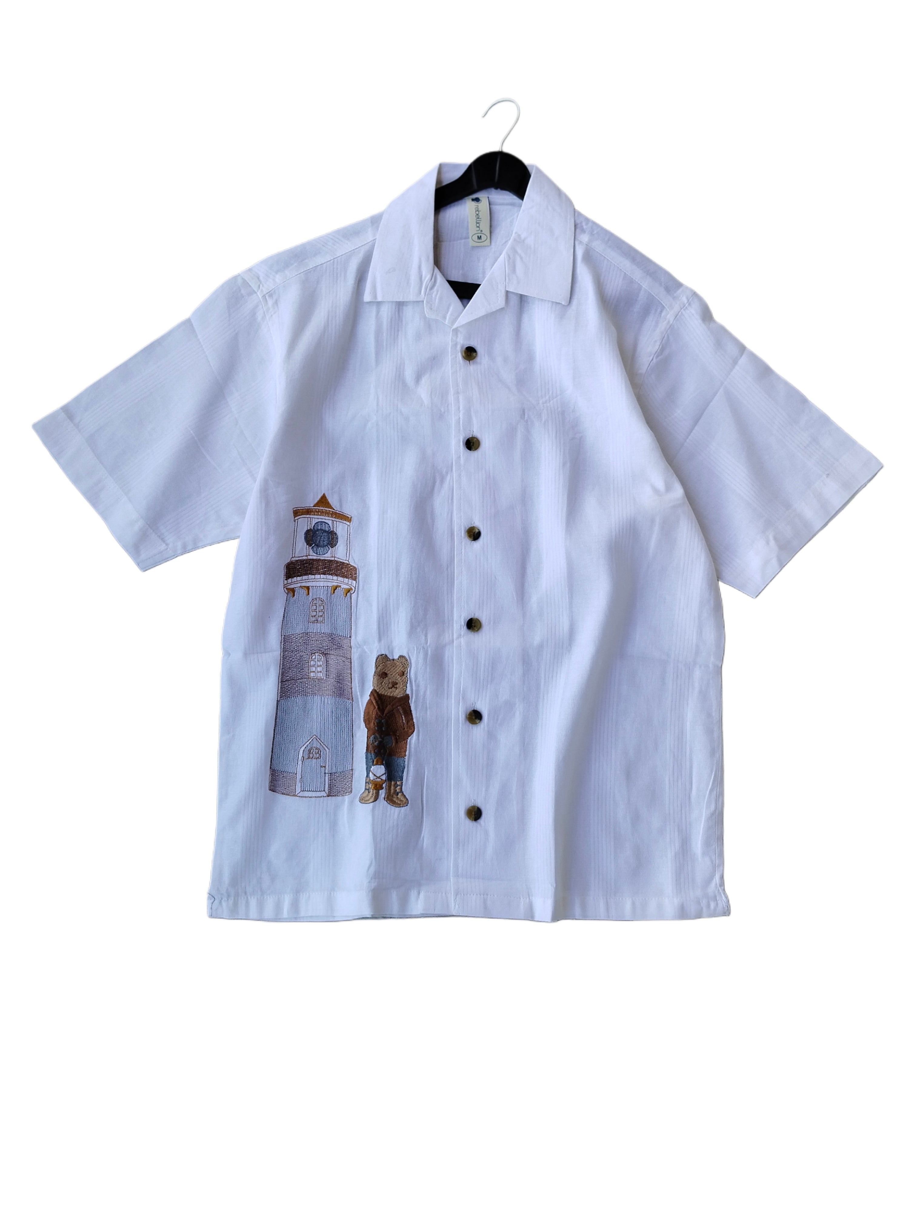 Men's White Half Sleeve Embroidered shirt - Lighthouse & Bear Design