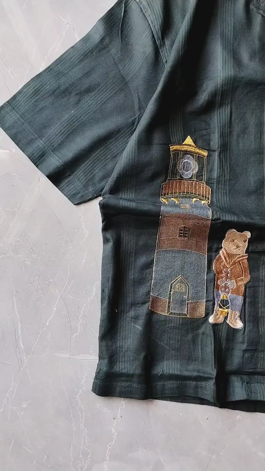 Men's Dark Green Half Sleeve Embroidered shirt - Lighthouse & Bear Design